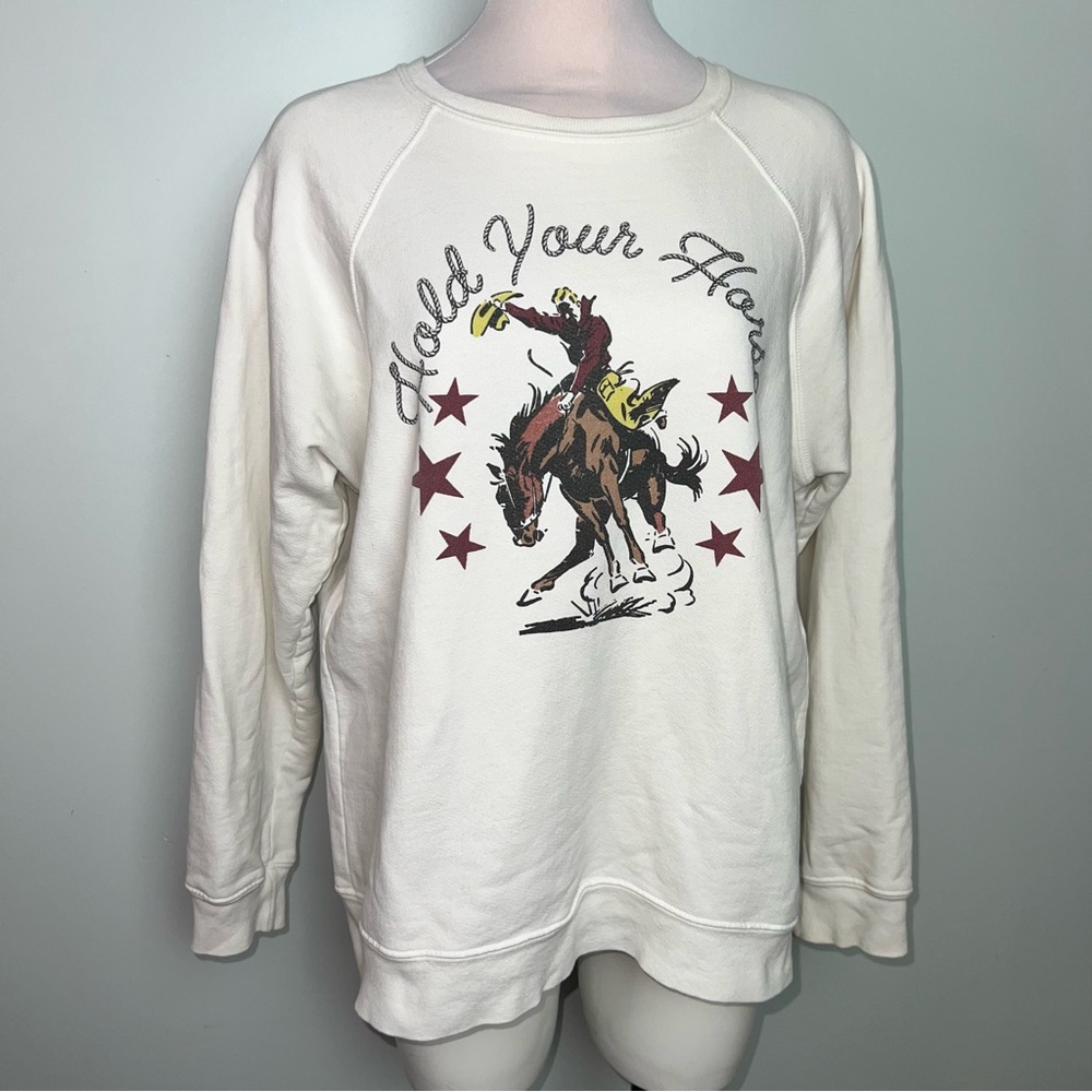 Retrobrand Hold Your Horses Western Rodeo Bronco Graphic Sweatshirt Cream USA M